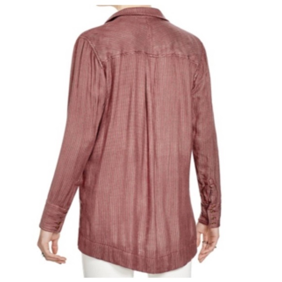 FREE PEOPLE On The Road Striped Oxford Tee Tunic Cranberry V-neck blouse - Picture 12 of 12